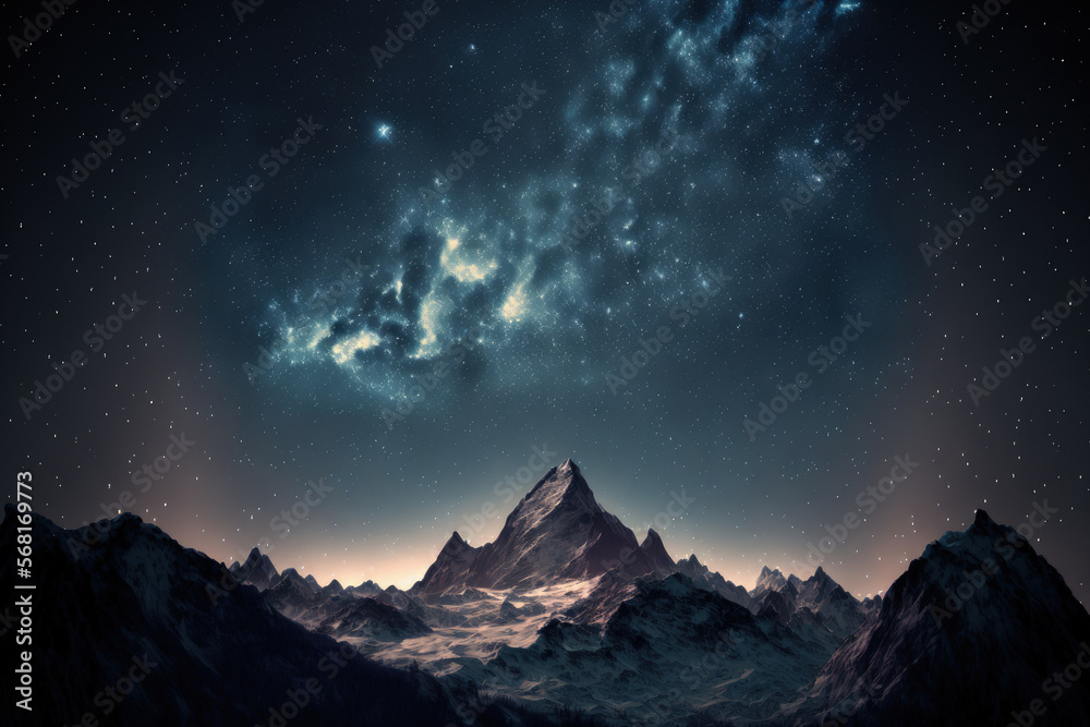 Background of the night sky with stars and mountains. Generative AI