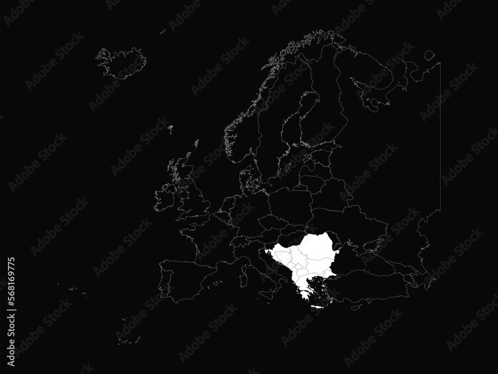White map of Balkan peninsula countries within map of European continent on black background