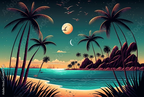 cartoon illustration  seascape with palm trees on the shore  generative ai