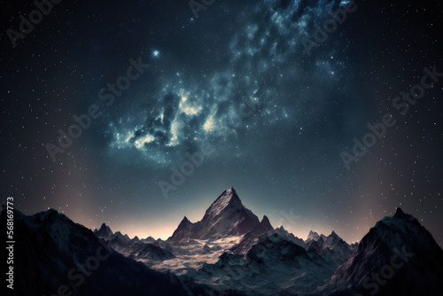 Background of the night sky with stars and mountains. Generative AI © AkuAku