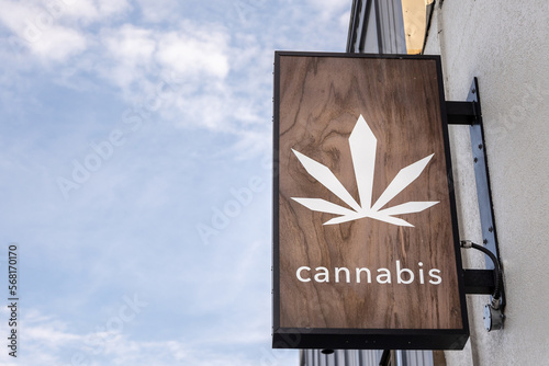 Cannabis dispensary sign, marijuana leaf, logo, legal marijuana, business.