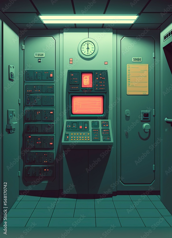 cartoon illustration, underground bunker with locker control panel, ai generative cartoon illustration, underground bunker with locker control panel, ai generative