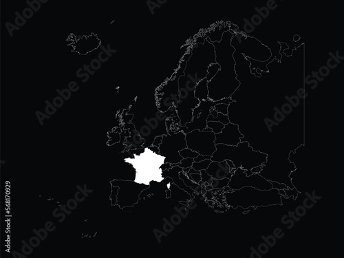 White map of France within map of European continent on black background