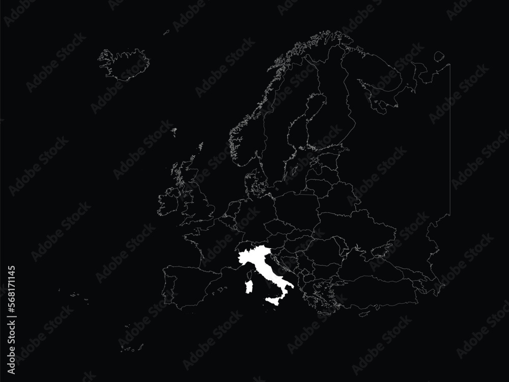 Obraz premium White map of Italy within map of European continent on black background