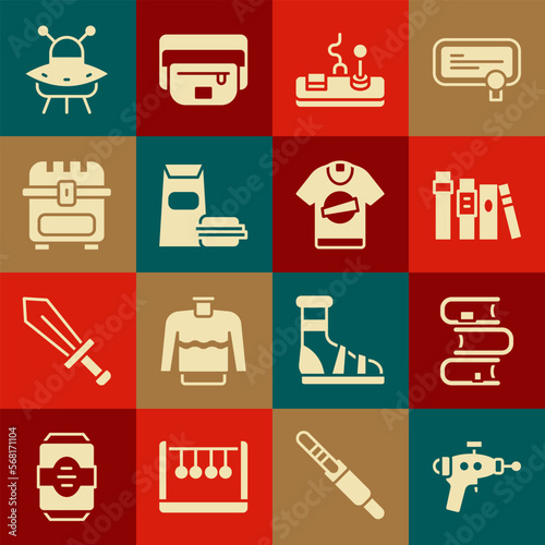Set Ray gun, Book, Gamepad, Burger, Antique treasure chest, UFO flying spaceship and T-shirt icon. Vector