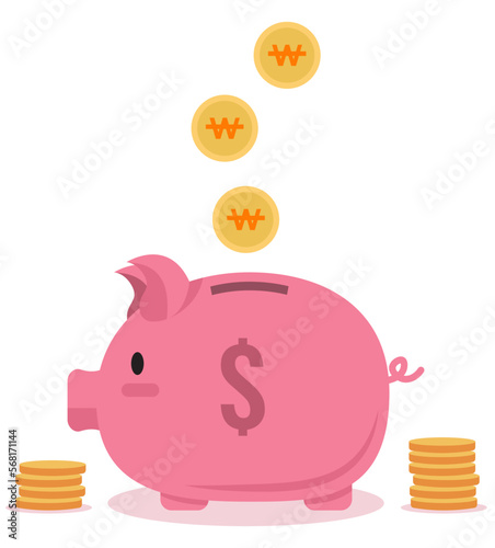 Flat Piggy Bank and Coins on white bakground