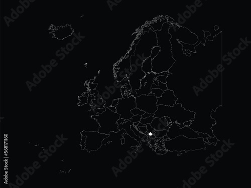 White map of Kosovo within map of European continent on black background