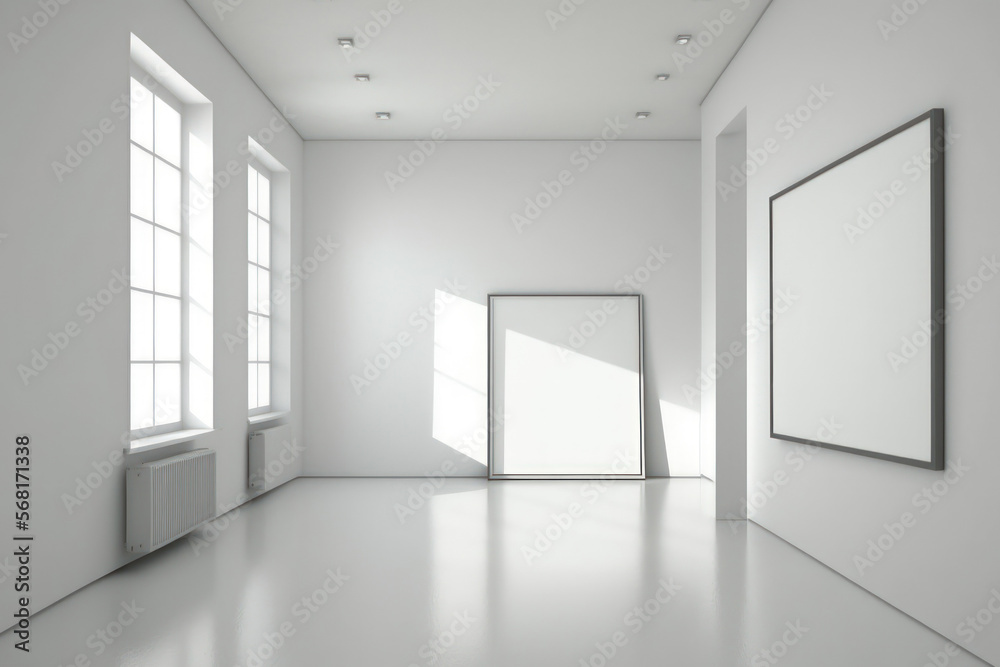 bright, contemporary gallery with a white wall. Generative AI bright, contemporary gallery with a white wall. Generative AI