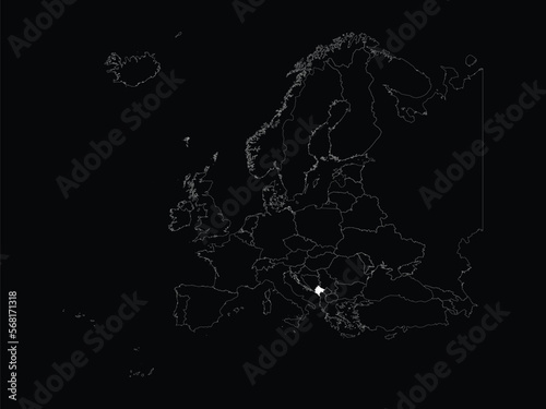 White map of Montenegro within map of European continent on black background