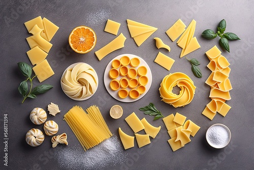  a table topped with lots of different types of pasta next to orange slices and other ingredients on top of a table next to each other. generative ai