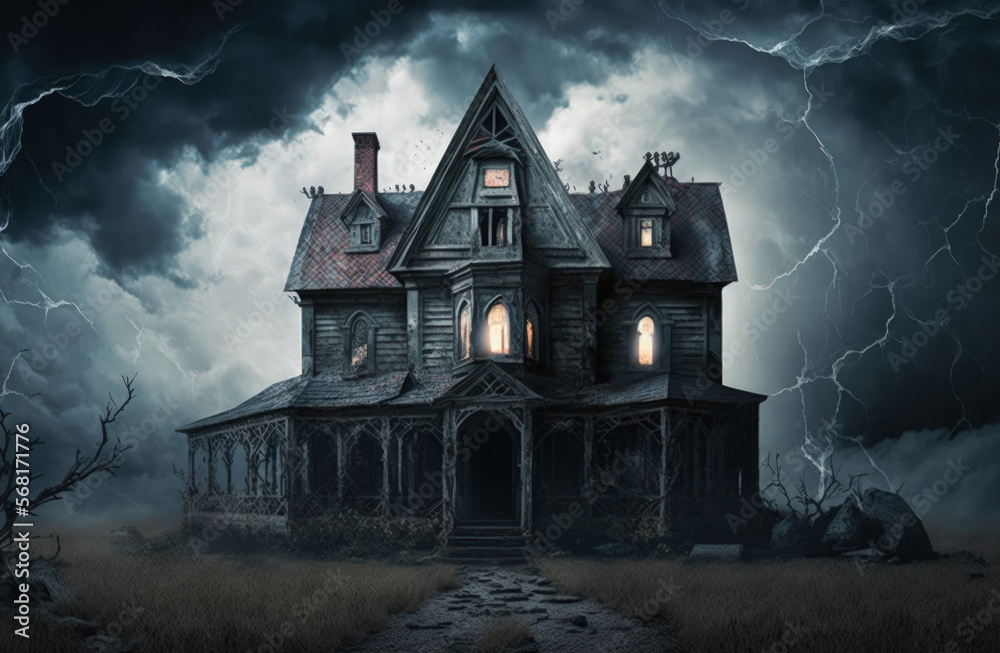 backdrop music for a horror film. spooky house. dramatic sky, a dilapidated house, and light coming through the windows. Generative AI backdrop music for a horror film. spooky house. dramatic sky, a dilapidated house, and light coming through the windows. Generative AI