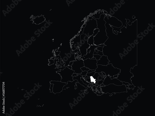White map of Serbia within map of European continent on black background