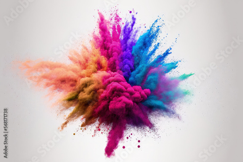 eruption of colored powder against a white background. cloud with color. Bright dust explodes. Color Holi. abstract dust spatter in many colors on a white background. Generative AI