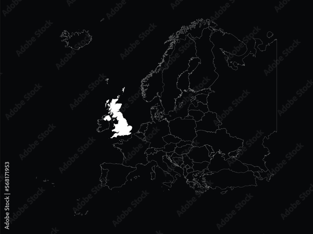 Obraz premium White map of United Kingdom within map of European continent on black background