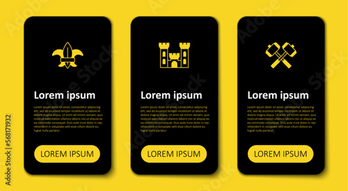 Set Crossed battle hammers, Castle and Fleur de lys or lily flower. Business infographic template. Vector