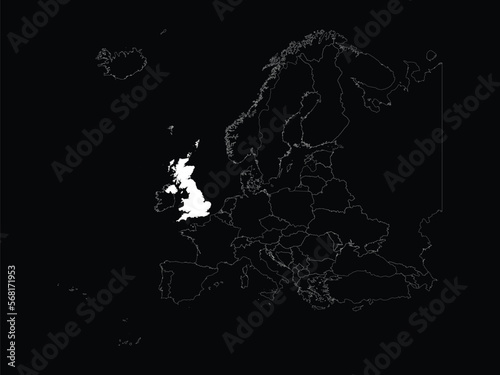 White map of United Kingdom within map of European continent on black background