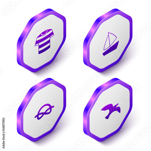 Set Isometric Striped sailor t-shirt, Yacht sailboat, Nautical rope knots and Bird seagull icon. Purple hexagon button. Vector
