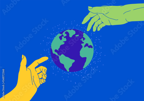 Planet Earth and human hands. Earth day poster  card  flyer. World environment day. Hand reaching out to each other. Save the planet concept. Impact on space. Human hand manipulating planet Earth