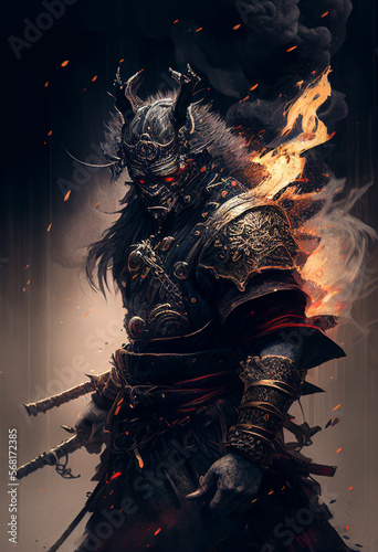 AI Ancient Samurai ready for battle to kill Japanese demons. Perfect Phone WALLPAPER or POSTER, Illustration. Demon Slayer. Ancient ARMOR and KATANA © AI DREAMS