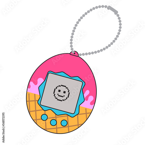 Retro digital pocket pet game. Egg shape vintage toy with screen display, chain and buttons. Japanese classic game from 90s. Nostalgia stuff from 2000s