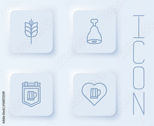 Set line Wheat  Chicken leg  Street signboard with beer and Heart glass of. White square button. Vector