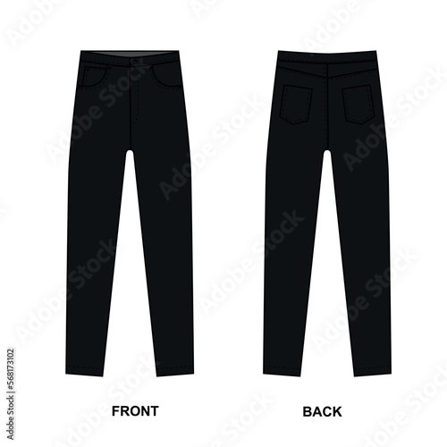 jeans isolated on white. Vector sketch of skinny jeans front and back on a white background. Black skinny jeans template with five pockets. basic models of skinny denim jeans, vector.