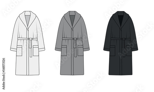 A set of drawings of a bathrobe on a white background. Long bathrobe template with pockets, vector. White, gray and black bathrobe.