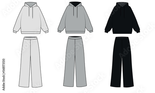 Set of vector drawings of sports suits in white, gray and black colors. Hoodie and wide trousers drawn on a white background. Pajama sketch consisting of a sweatshirt with a hood and sweatpants.