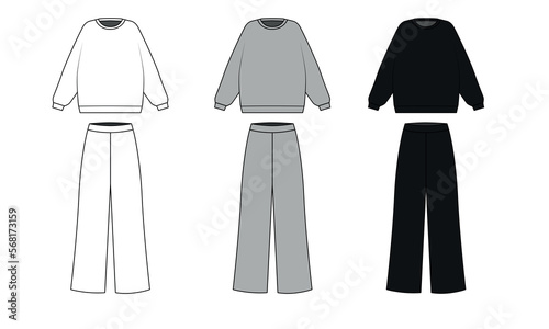 Set of drawings of a tracksuit in white gray and black colors, vector. Sweatshirt with a round neck and wide trousers painted on a white background. Pajama sketch consisting of a jacket and wide pants photo