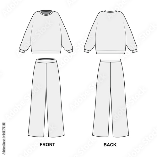 Sketch of a trendy suit consisting of wide pants and a sweatshirt with a round neck, vector. Outline drawing Pajama pants and sweatshirt. Front and back view women's tracksuit template, vector. photo