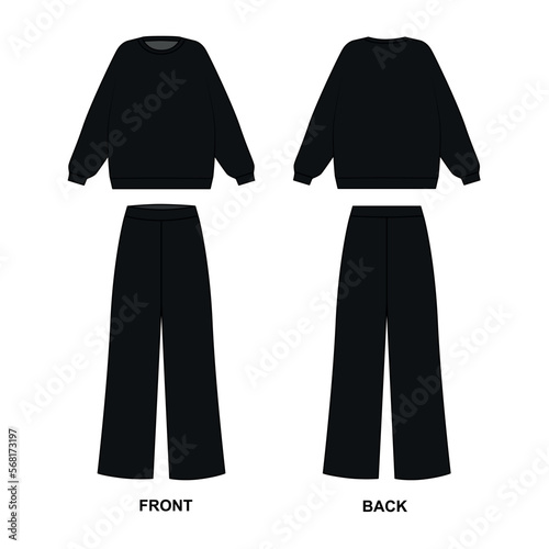 Drawing of a sports suit in black, vector. Sweatshirt with a round neck and wide trousers painted on a white background. Pajama sketch consisting of a jacket and wide pants, vector. photo