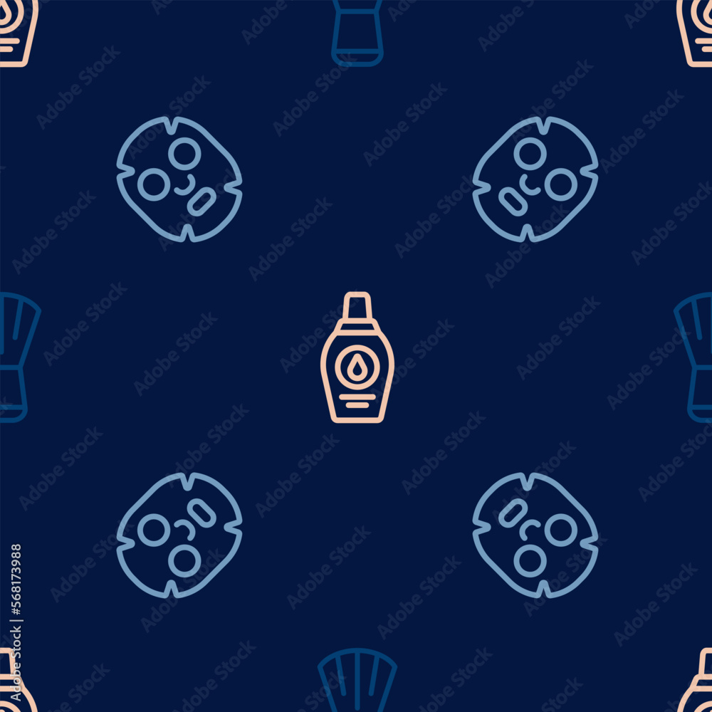 Set line Makeup brush, Facial cosmetic mask and Bottle of shampoo on seamless pattern. Vector Set line Makeup brush, Facial cosmetic mask and Bottle of shampoo on seamless pattern. Vector