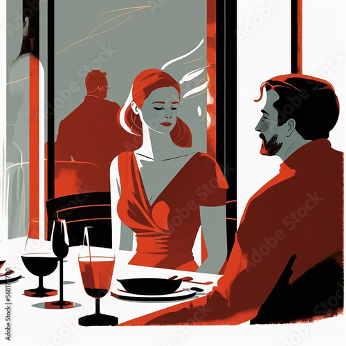 Dating and relationships. Couple having lunch in restaurant. Tech illustration style