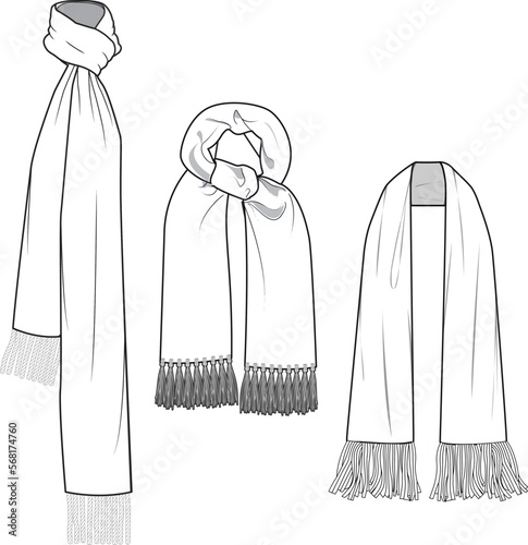 Unisex Scarf Set. Technical fashion scarf illustration. Flat apparel scarf template white color. Unisex CAD mock-up. photo