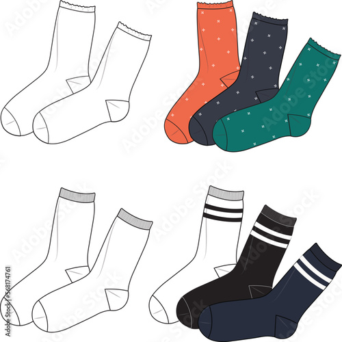 Unisex Socks Set. Technical fashion socks illustration. Flat apparel socks template front. Unisex CAD mock-up.