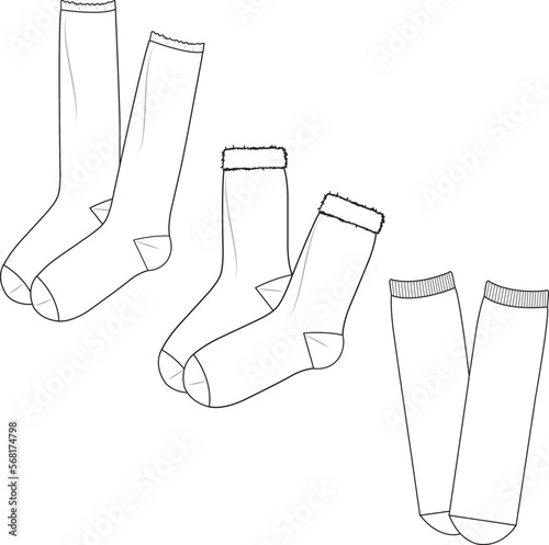 Unisex Socks Set. Technical fashion socks illustration. Flat apparel socks template front, white color. Unisex CAD mock-up.