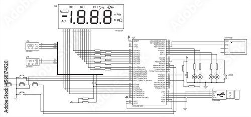 Schematic diagram of electronic device.
Vector drawing electrical circuit with 
microcontroller, temperature sensors,
led panel, keyboard, terminal, usb,
button, resistor, other electronic components.