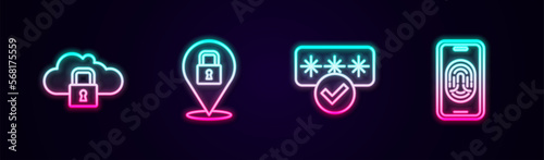 Set line Cloud computing lock, Lock, Password protection and Mobile with fingerprint scanner. Glowing neon icon. Vector