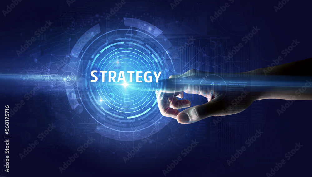Hand touching business concept button Hand touching business concept button