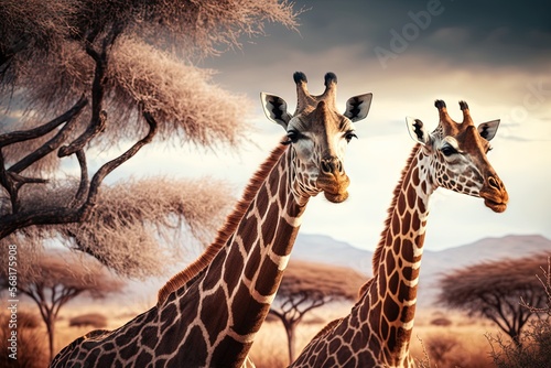 Fototapeta  two giraffes standing next to each other in a field with trees in the background and a sky with clouds in the background.  generative ai