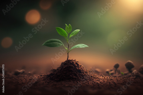 A small green tree that is growing, with a background of natural greenery, bokeh concept, love the world and stop global warming. Generative AI