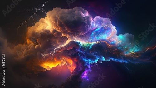 Abstract designs of colorful thunderstorms or  Colorstorms    . Lightning covers the sky and hits the ground.