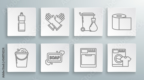 Set line Bucket with foam and bubbles, Rubber gloves, Bar of soap, Washer, t-shirt, Trash can, Toilet paper roll and Plastic bottles for liquid dishwashing liquid icon. Vector