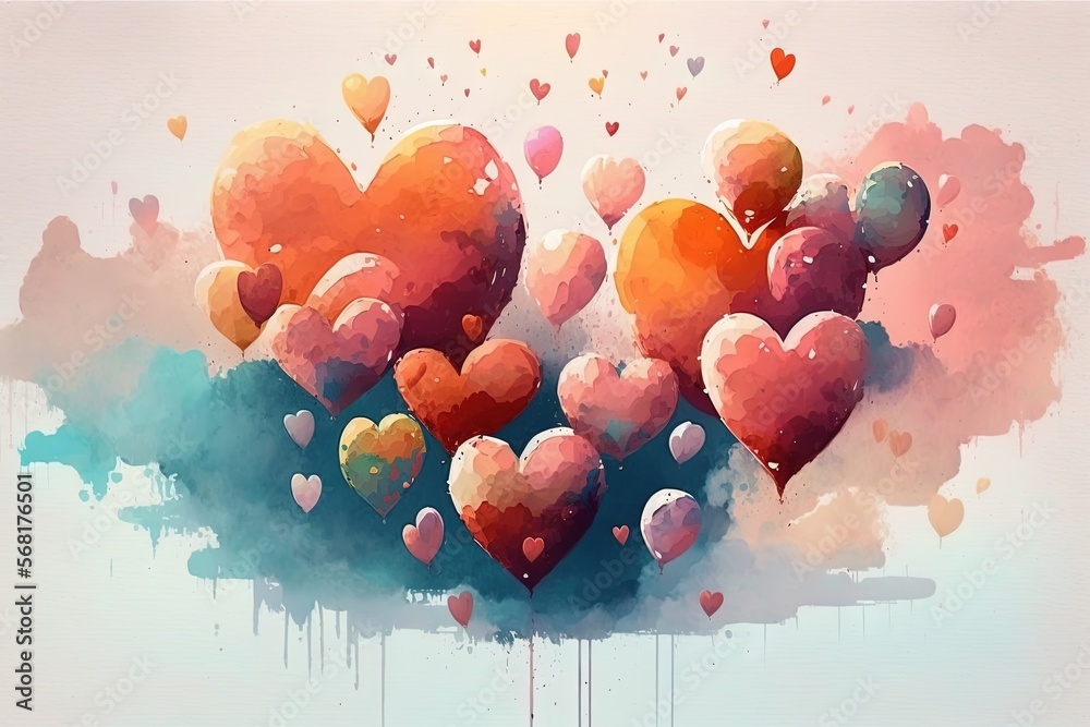 a bunch of heart shaped balloons floating in the air with a splash of ...