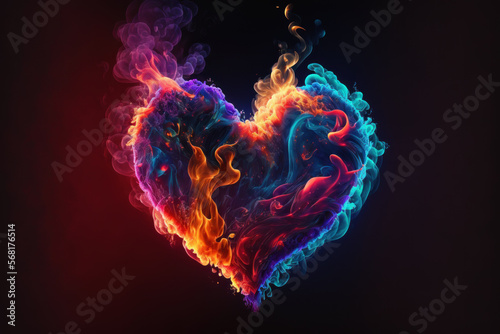 Colorful heart made of flames and smoke, Generative AI