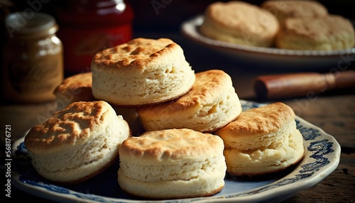  a blue and white plate topped with biscuits and a jar of honey in the backgrouf of the plate and a plate of cookies in the background. generative ai