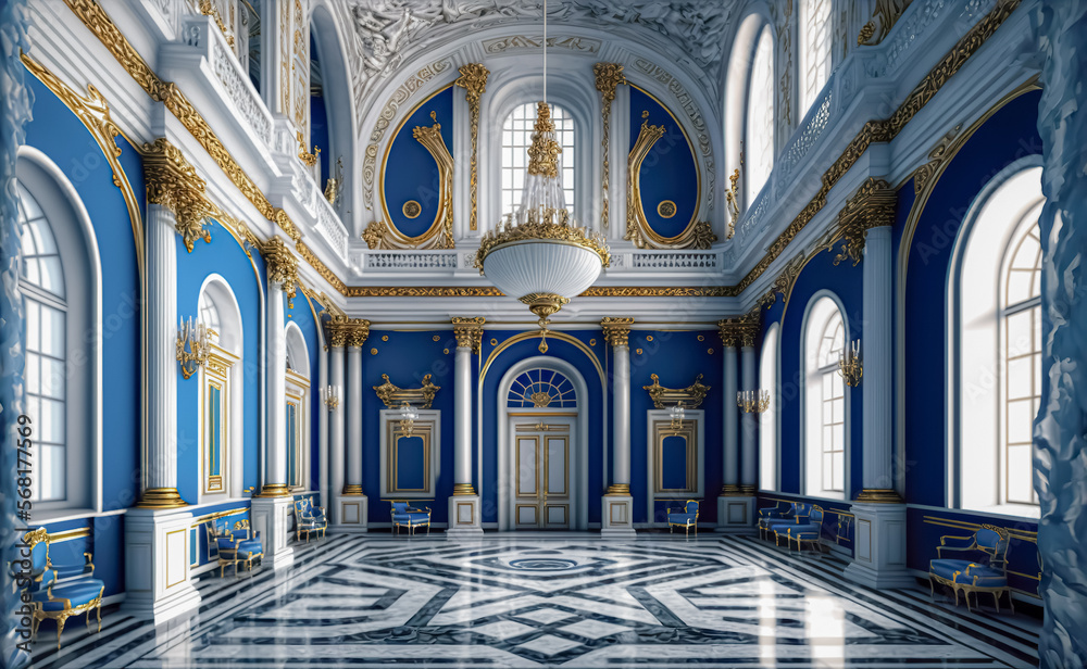 A realistic fantasy blue interior of the royal palace. golden blue palace. castle interior. Fiction Backdrop. concept art. digital ai art