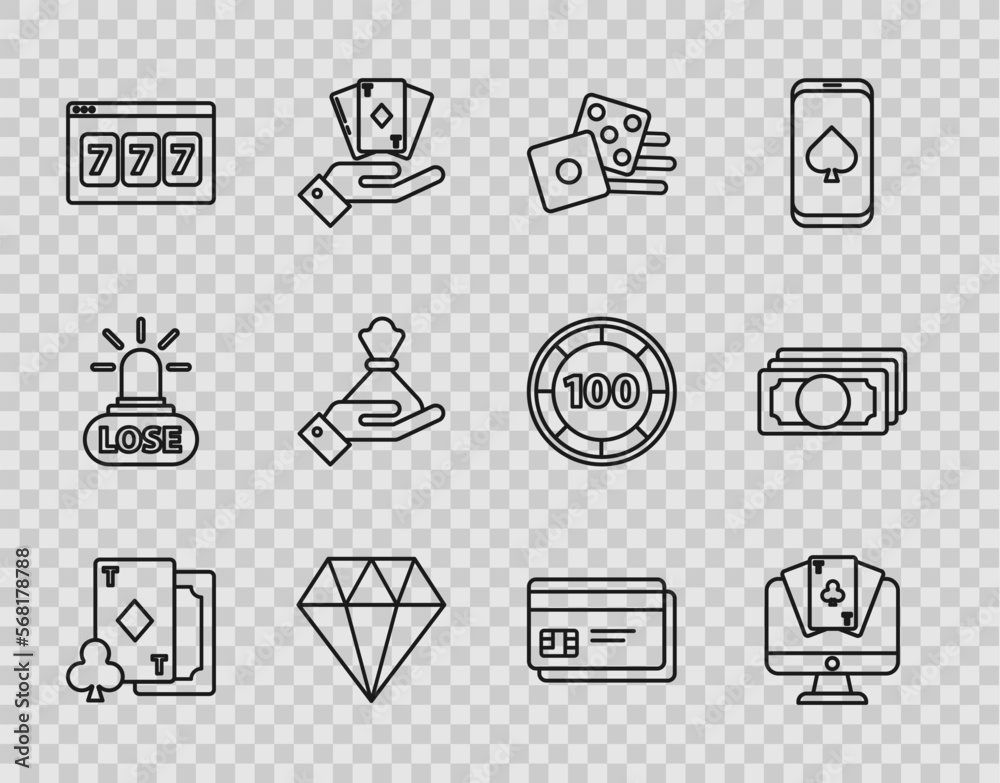 Set line Playing card with diamonds, Online poker table game, Game dice, Diamond, slot machine lucky sevens jackpot, Hand holding money bag, Credit and Stacks paper cash icon. Vector Set line Playing card with diamonds, Online poker table game, Game dice, Diamond, slot machine lucky sevens jackpot, Hand holding money bag, Credit and Stacks paper cash icon. Vector