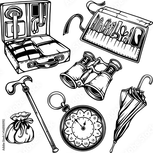 Vector gentleman set of old vintage travel elements. Retro design. Tattoo, design and decor element, coloring book pages. Highly detailed and accurate lines for print or engraving