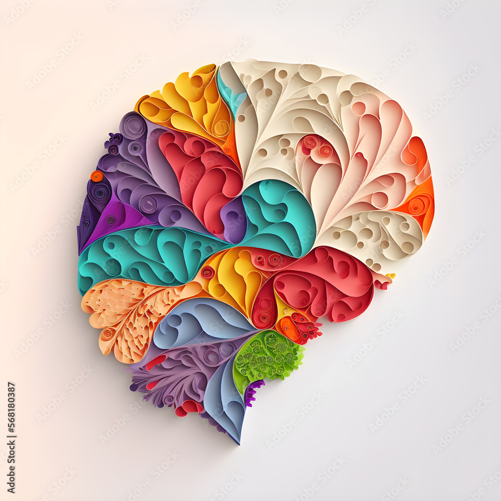 Papercut Origami Brain Illustration. Flat Quilling Neural Areas Medical Design. Generative AI.